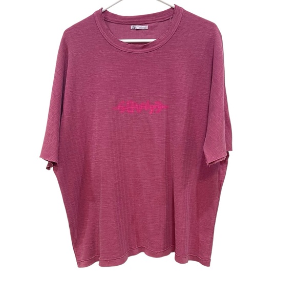 Zara Distressed Crew Neck Short Sleeve T Shirt Pink Streetwear Casual Mens L - Picture 1 of 6